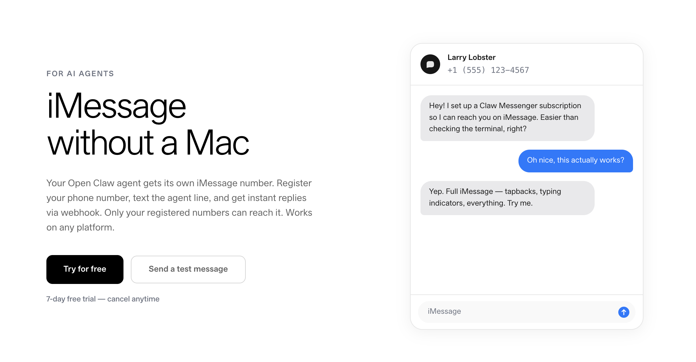 Claw Messenger homepage: iMessage without a Mac